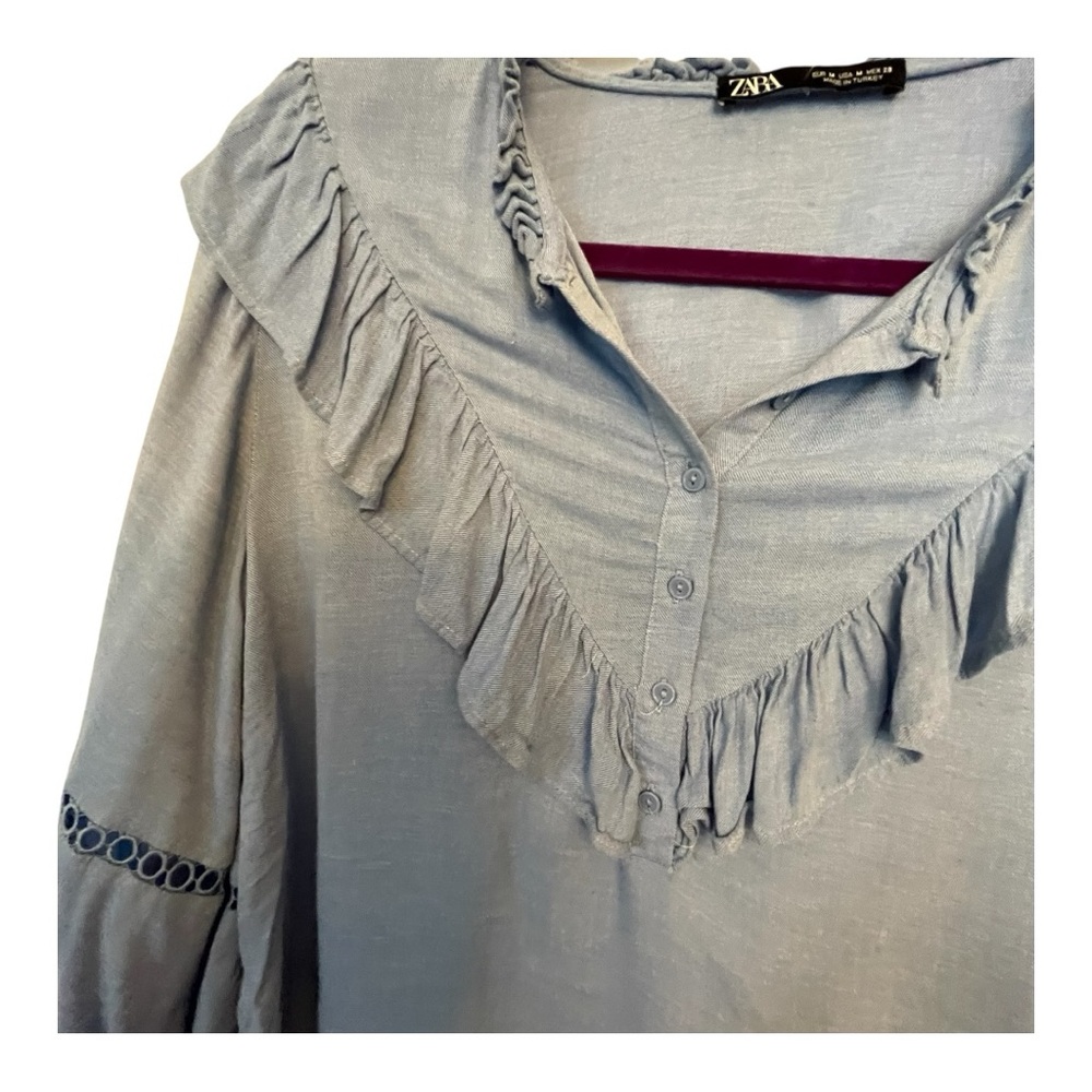 Zara Blue Ruffled 3/4 Sleeve Bib Collar Blouse - Picture 4 of 5